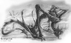 Ground Wyvern  Media: Derwent Graphic pencils on bristol board.    Ground Wyverns - a race of flightless, dragon-like creatures. They look much different from the normal serpentine winged wyverns. According to Dragon Lore this is because ground wyverns were once true dragons, but after somehow angering the gods with sins now forgotten the entire bloodline had the gift of speech, flight and reason taken from them and they degenerated into little more than beasts. Unlike true wyverns these creatures can never be tamed and make for a dangerous nuisance. : dragon, misshapen, ground, wyvern, flightless, dark, pencils, graphite, grey scale, black and white, full body, background, tymaera, daemonslayers